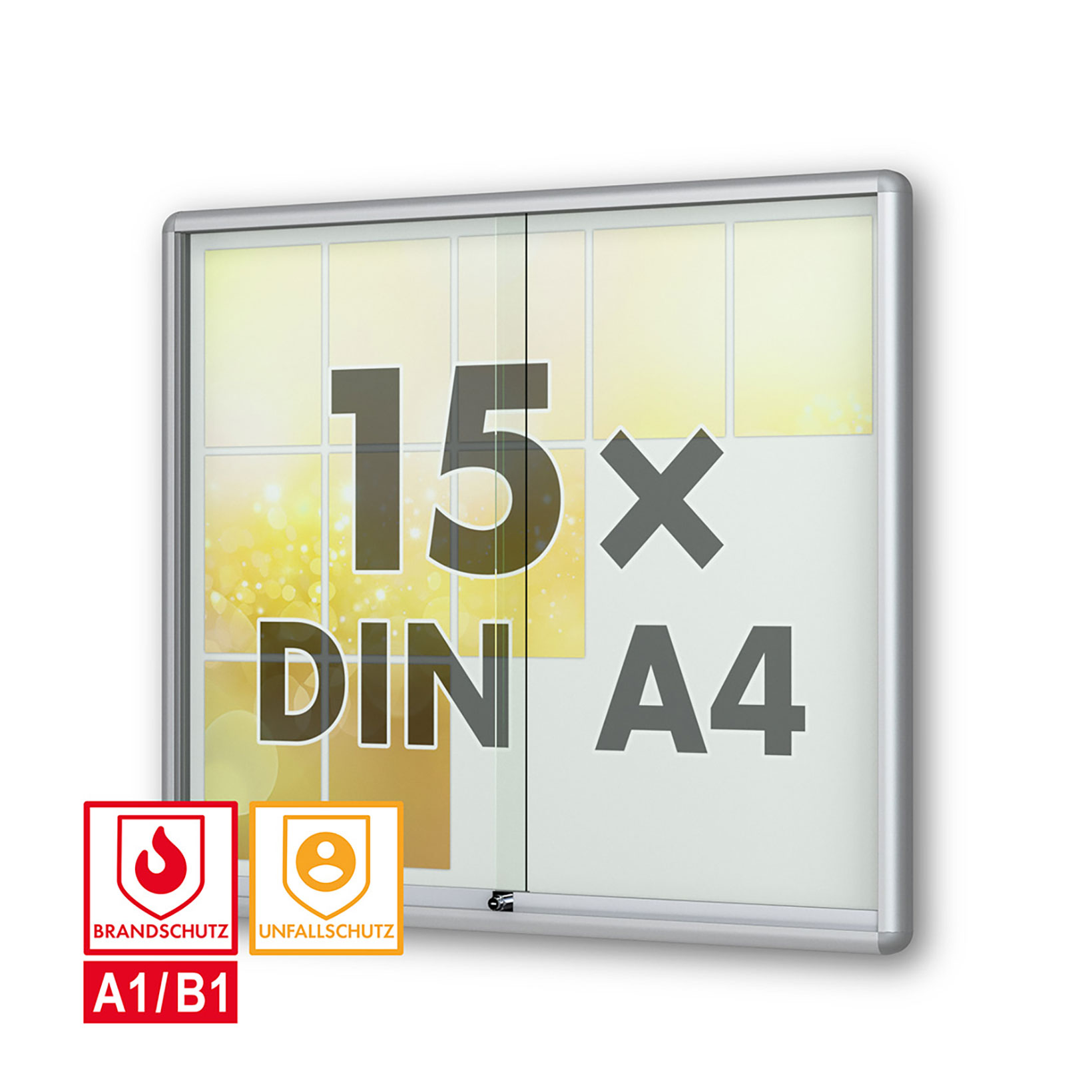 schaukasten moveo - die Schulvitrine - mit Brandschutzklasse A1 - Rollengelagerte Schiebetueren abschliessbar ESG-Sicherheitsglas