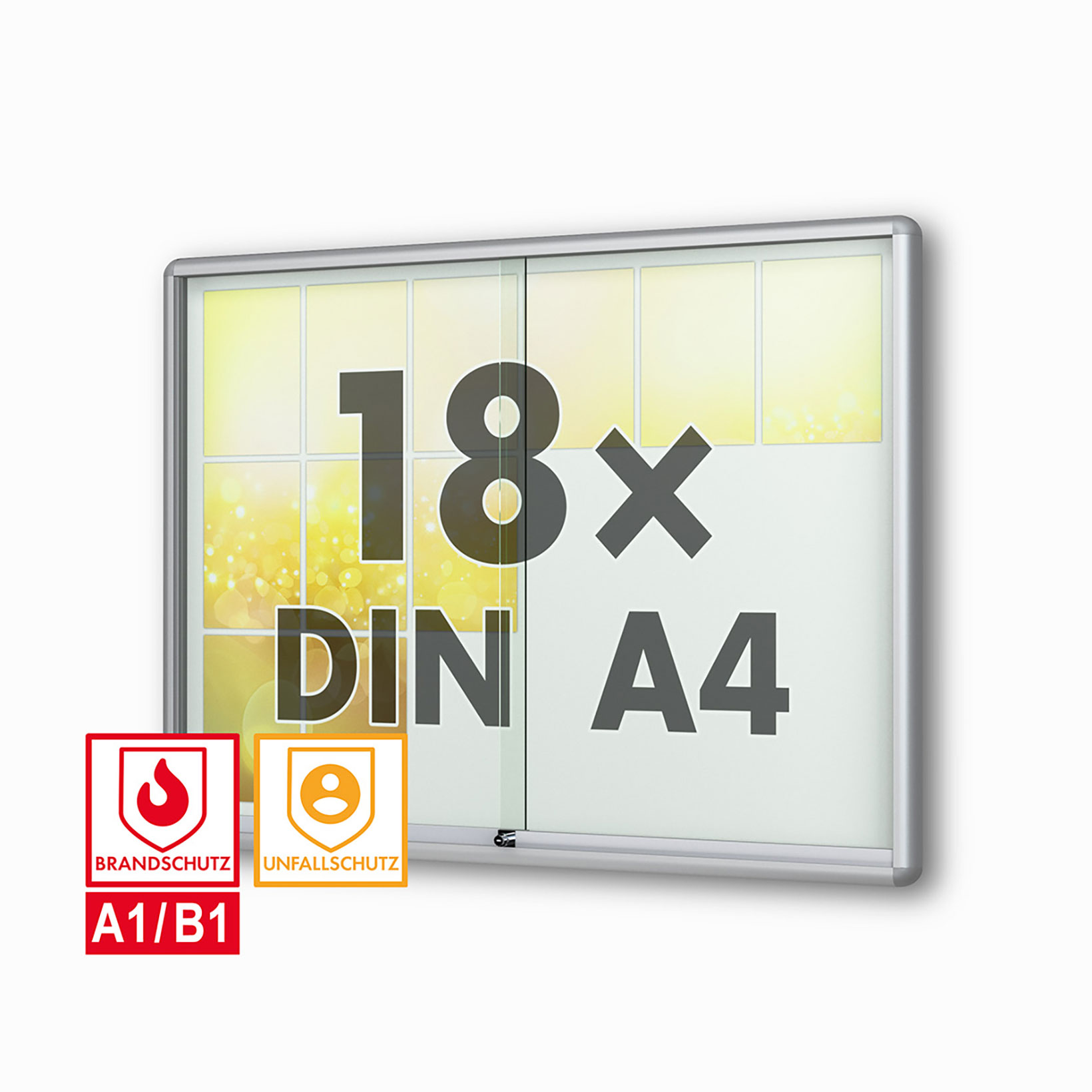 schaukasten moveo - die Schulvitrine - mit Brandschutzklasse A1 - Rollengelagerte Schiebetueren abschliessbar ESG-Sicherheitsglas